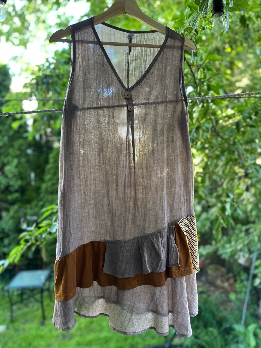 Sleeveless Layered Hem Tunic in Light Gray with Brown Accent